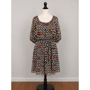 Enfocus Geometric Print Belted Dress 16W Boho Retro Chevron Blouson Sleeve Flowy